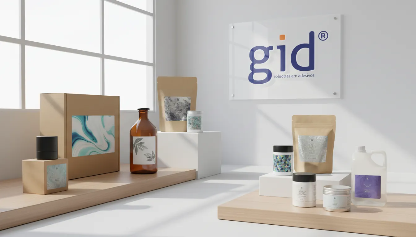 Fotografía realista mostrando varios tipos de embalaje personalizado con etiquetas adhesivas de GID en un estudio moderno.