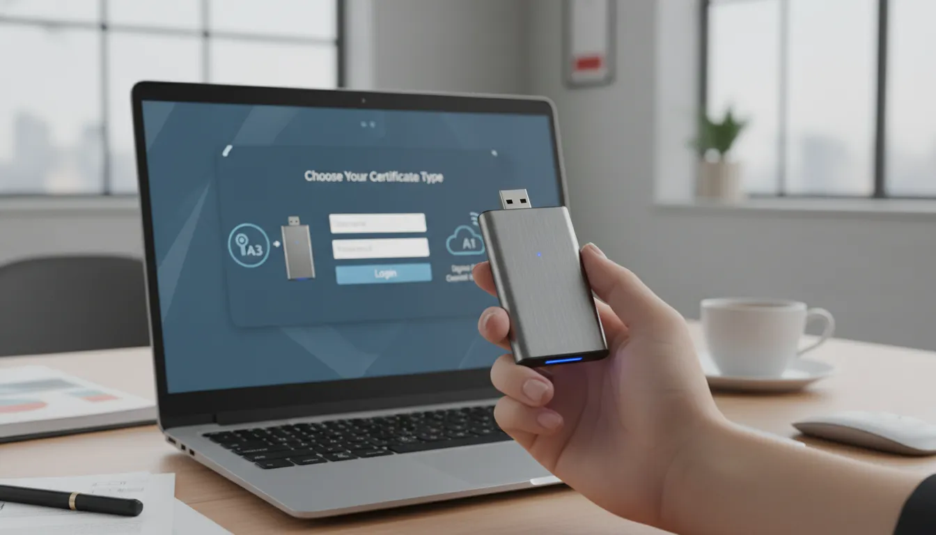 Mão segura token A3, tela compara certificado digital A1 vs A3, destacando segurança e praticidade.