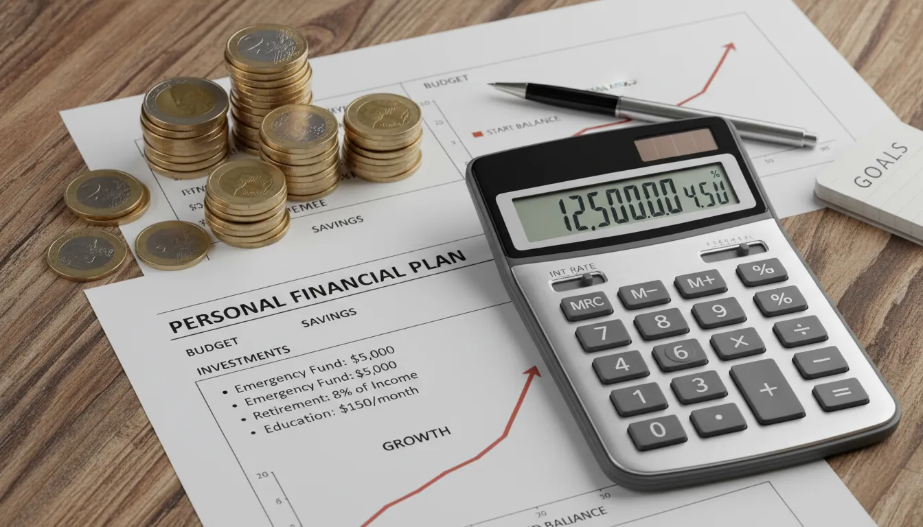 Mesa com calculadora, papéis e moedas enfatizando o planejamento das taxas de juros.
