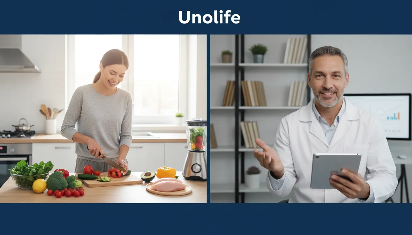 Pessoa preparando refeição saudável com orientação de nutricionista online. Conte com a Unolife para um plano alimentar online equilibrado e personalizado.