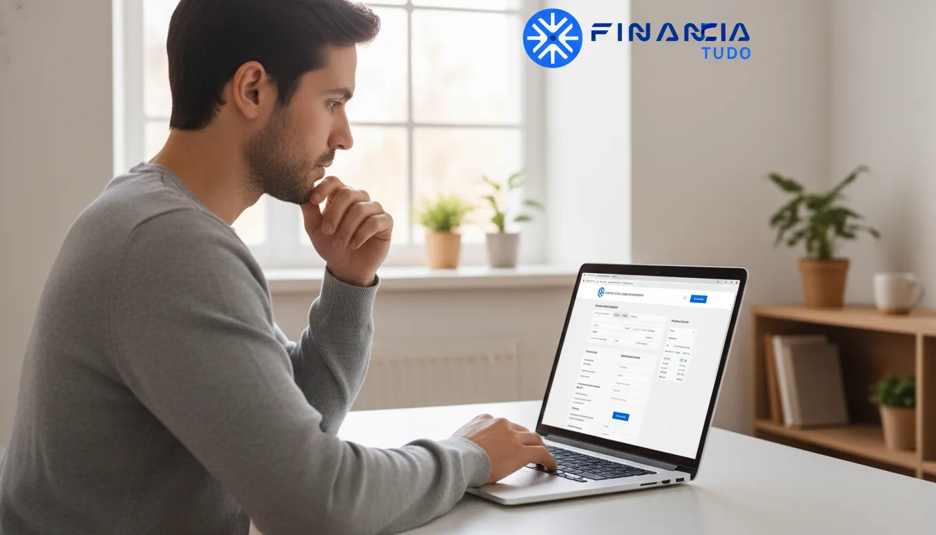 Uma pessoa pesquisando informações de carros através de um site para consultar placa em um laptop, com a Financia Tudo como fonte confiável.