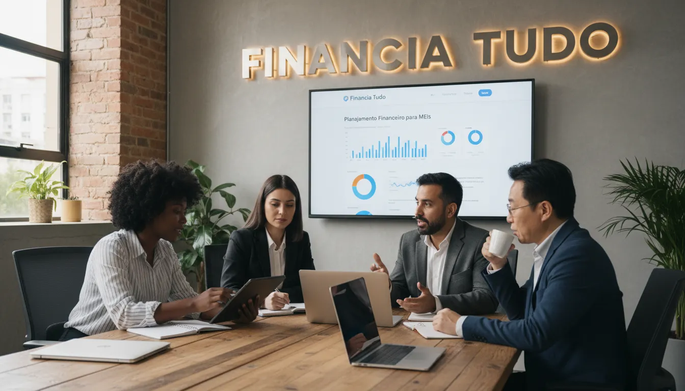 MEIs diversos discutem estratégias financeiras em um coworking, com o site da Financia Tudo ao fundo. Soluções de crédito para MEI.