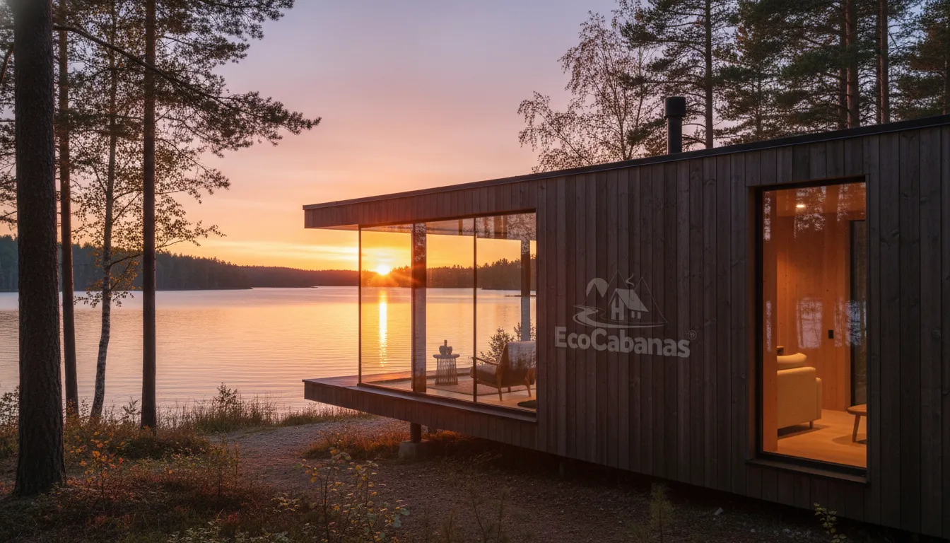 Casinha de madeira moderna com grandes janelas de vidro e vista para um lago sereno ao pôr do sol.