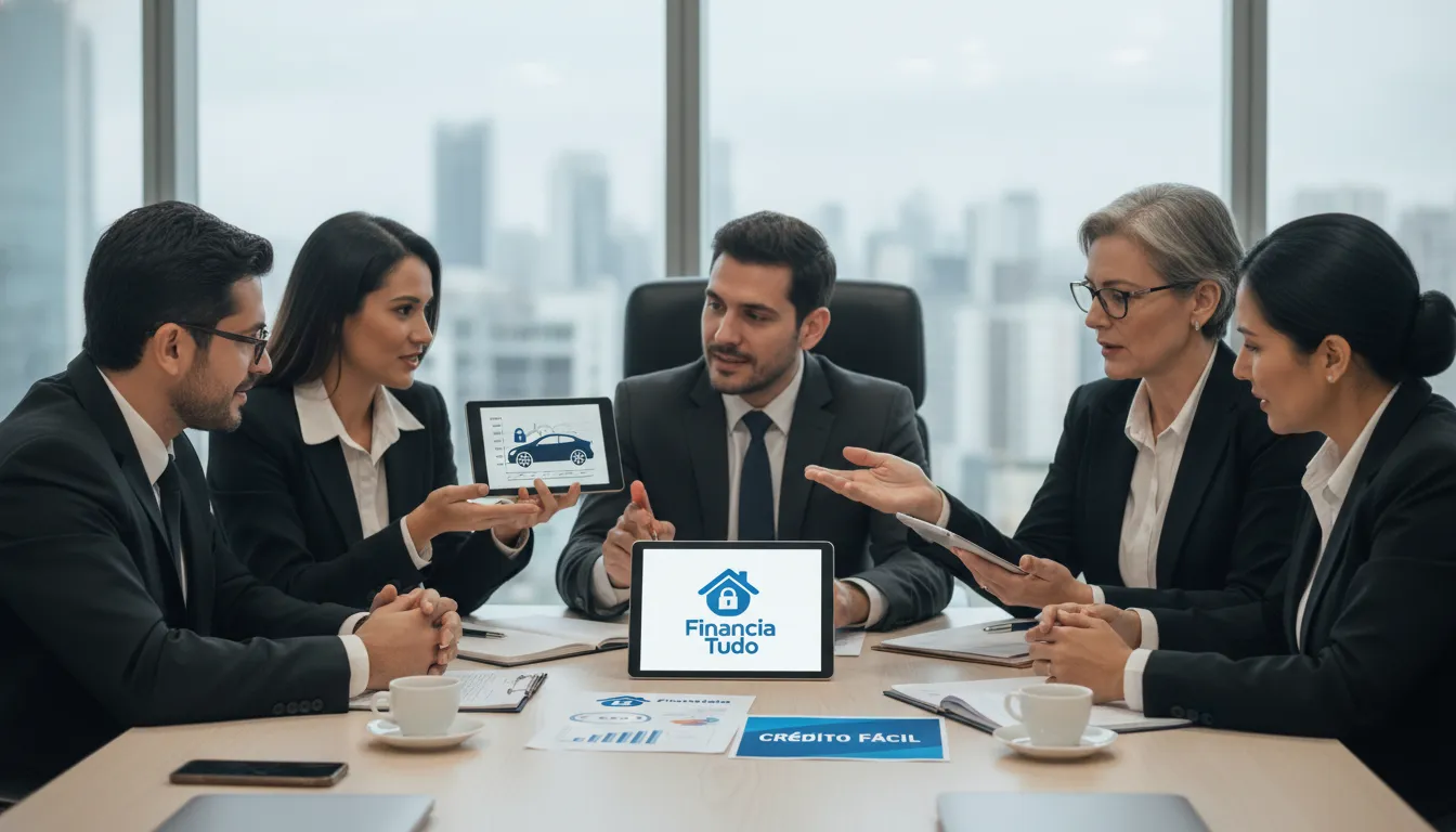 Um grupo diversificado discute estratégias financeiras com um tablet mostrando o logo da Financia Tudo, representando o planejamento financeiro com veículo como garantia.