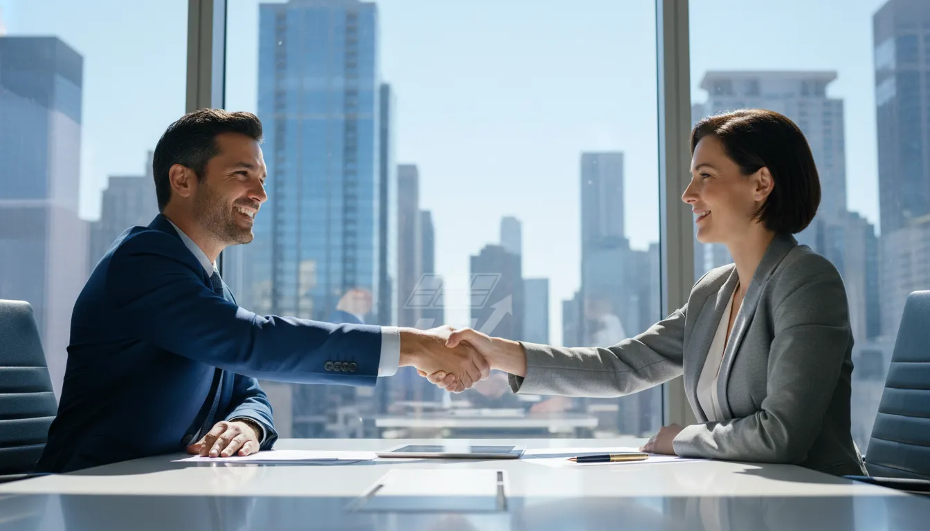 Dois empresários apertam as mãos, celebrando parceria de energia solar assinatura empresa. Contrato visível.