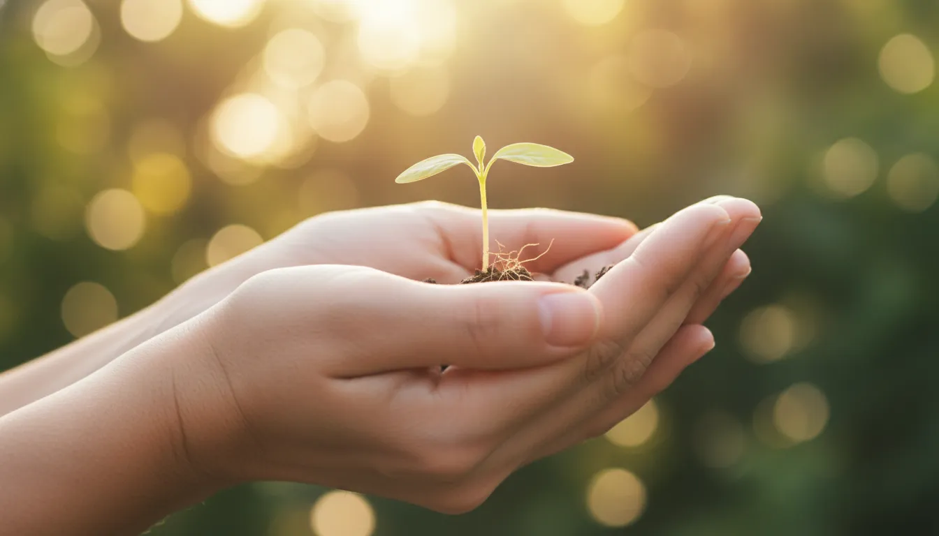 Mãos cuidam de planta, simbolizando autoconhecimento, crescimento pessoal e terapia online. Unolife.