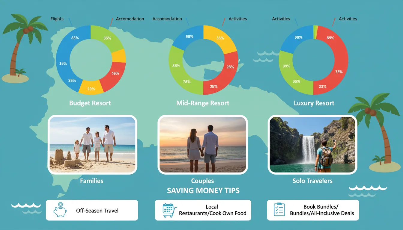 Infográfico detalhado dos custos de uma Punta Cana viagem, mostrando despesas com voos, acomodação e atividades.