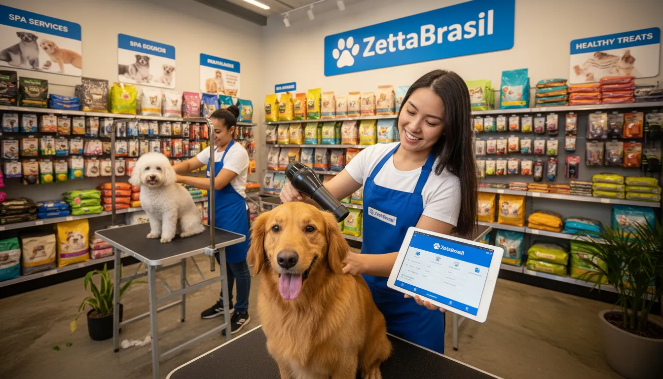 Um pet shop onde um assistente usa um tablet com o software ZettaBrasil da ASP Softwares, evidenciando a solução de sistema ERP para gestão de pet shops.