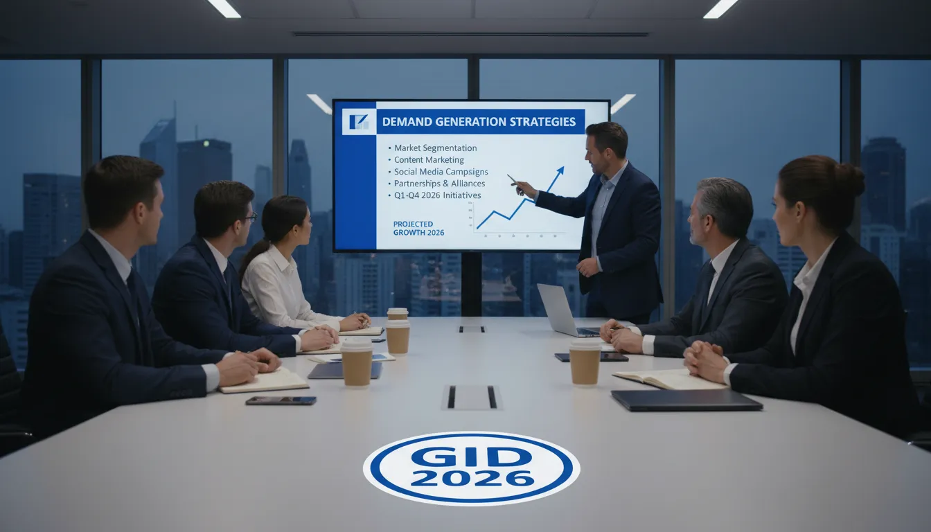 Reunión de negocios realista con estrategias de crecimiento para 2026 y un sticker de GID sobre la mesa, enfocado en la generación de demanda.