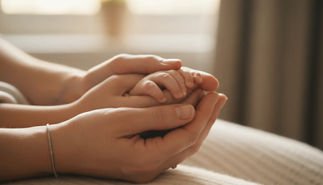 Maternidade real: Mãos de mãe entrelaçadas com as de seus filhos, simbolizando amor e conexão na maternidade.