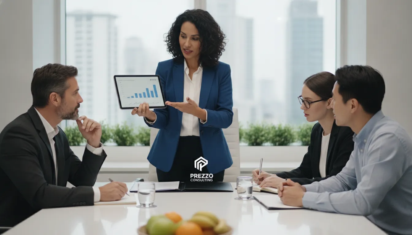 Grupo de brasileiros em consultoria com Prezzo Consulting, discutindo opções para abrir conta bancaria EUA sem SSN.