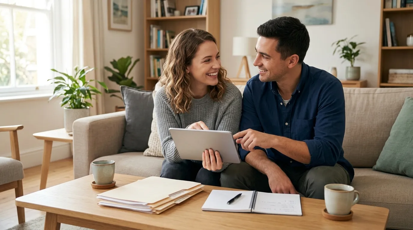 Casal planejando finanças no tablet ao aprender como comparar empréstimos para escolher a melhor opção.