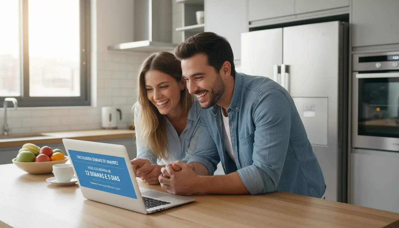 Casal feliz usa calculadora online para descobrir semanas e meses de gestação em casa.
