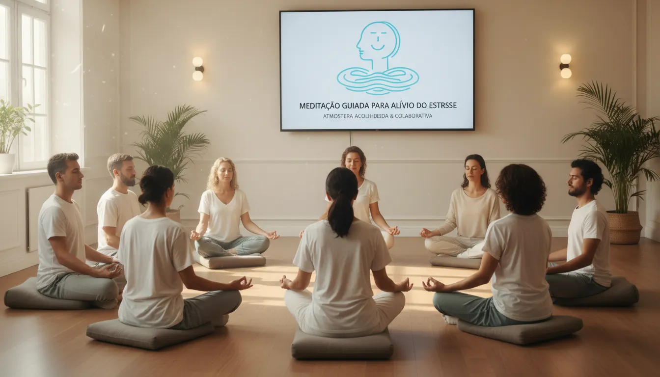 Especialista conduz grupo diverso sentado em círculo em ambiente sereno, refletindo prática de meditação guiada