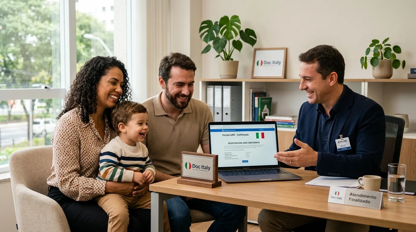 Família feliz comemora emissão da CIE Carta d'Identità Elettronica após atualizar cadastro AIRE.