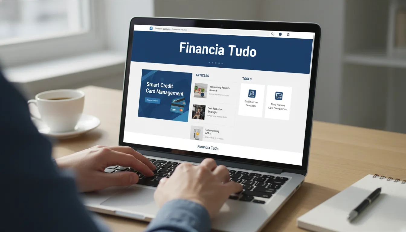 Pessoa usando um laptop com o site da Financia Tudo exibido, mostrando artigos e ferramentas para auxiliar no uso consciente e estratégico do cartão de crédito.