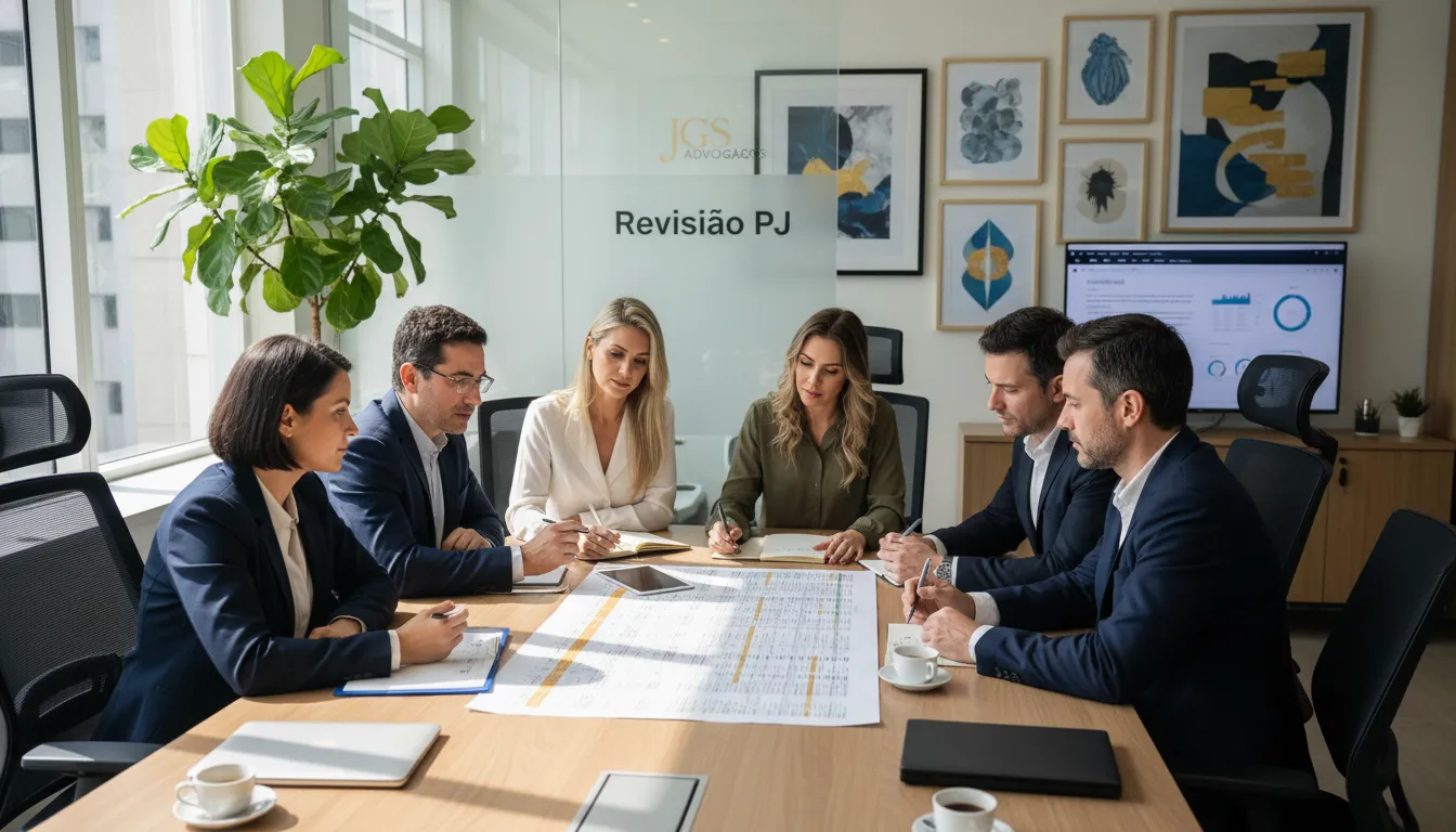 Equipe da JGS Advogados colaborando na revisão de um contrato, simbolizando a expertise e o trabalho em equipe na área de revisão de financiamento empresarial.