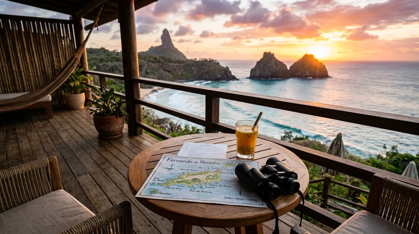 Varanda de pousada charmosa ao entardecer na melhor época para viajar para Fernando de Noronha.