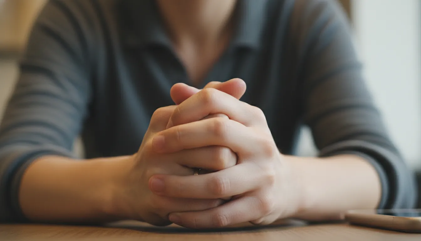 Mãos inquietas sob mesa revelam ansiedade silenciosa. Terapia online pode ajudar a lidar.