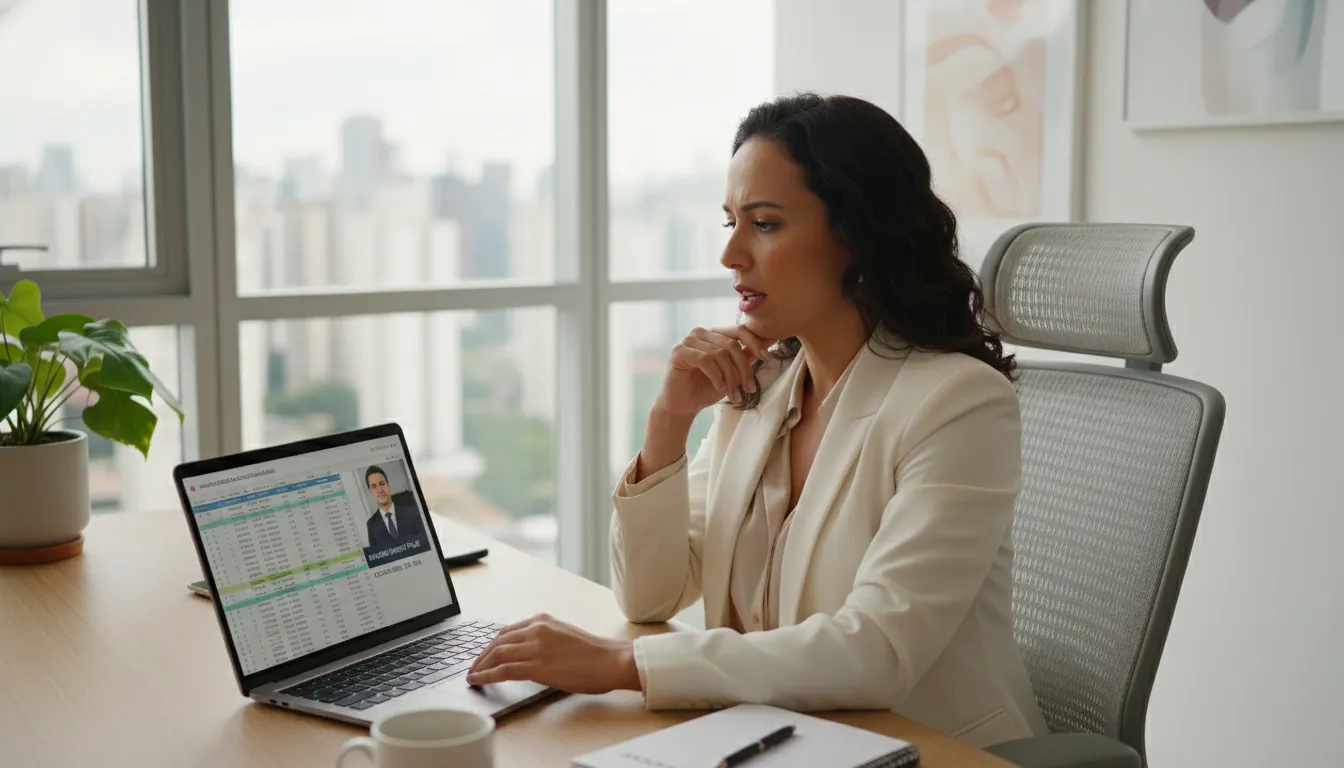Profissional brasileira renegociando dívidas em home office com consultor bancário por videochamada.