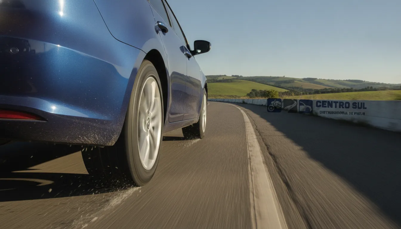 Carro em movimento na estrada, destacando a segurança e performance dos pneus, incluindo a data de fabricação do pneu.
