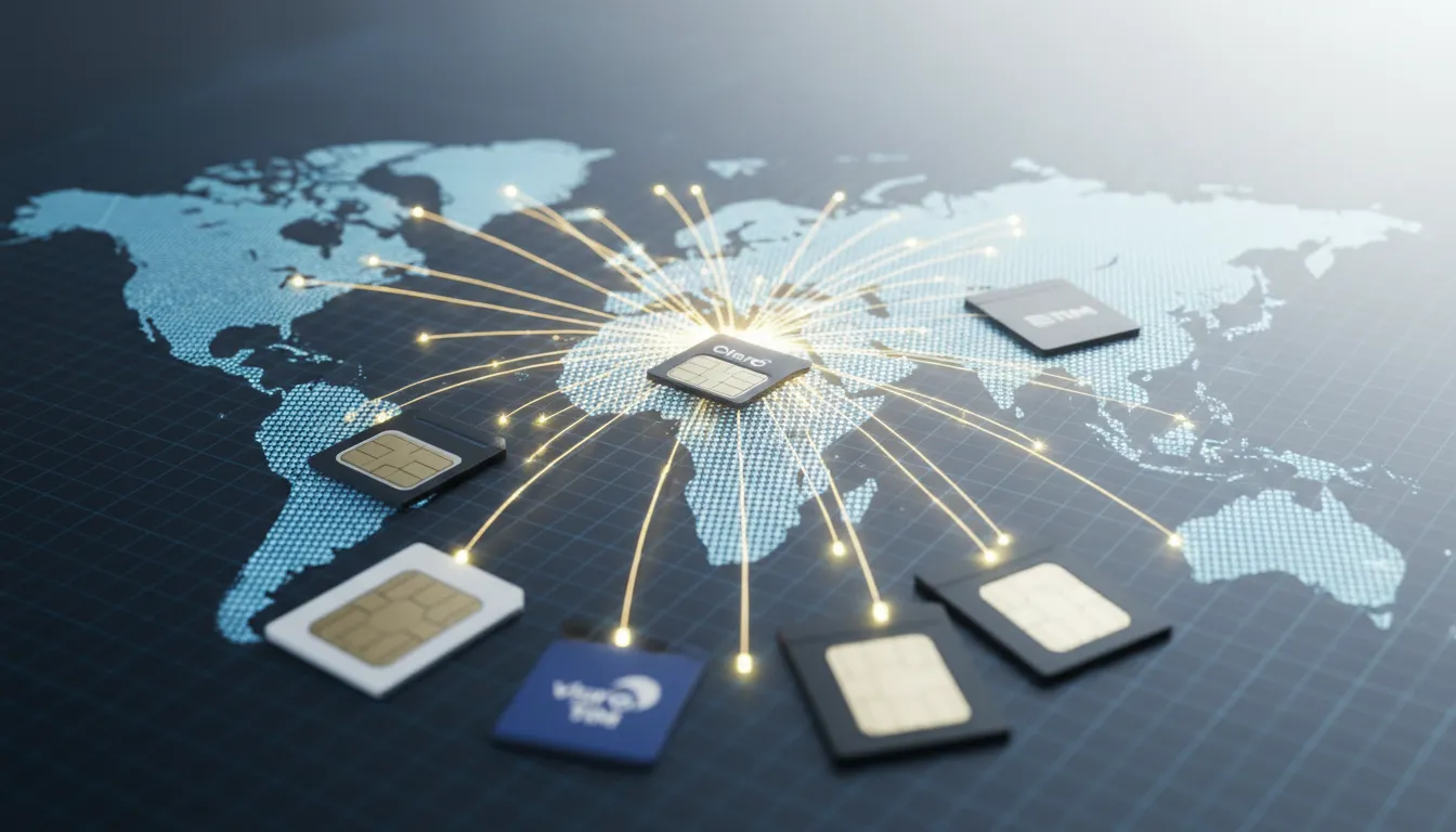 Chips M2M e fluxos de dados em um mapa do Brasil, representando a conectividade estável para sistemas de segurança eletrônica.