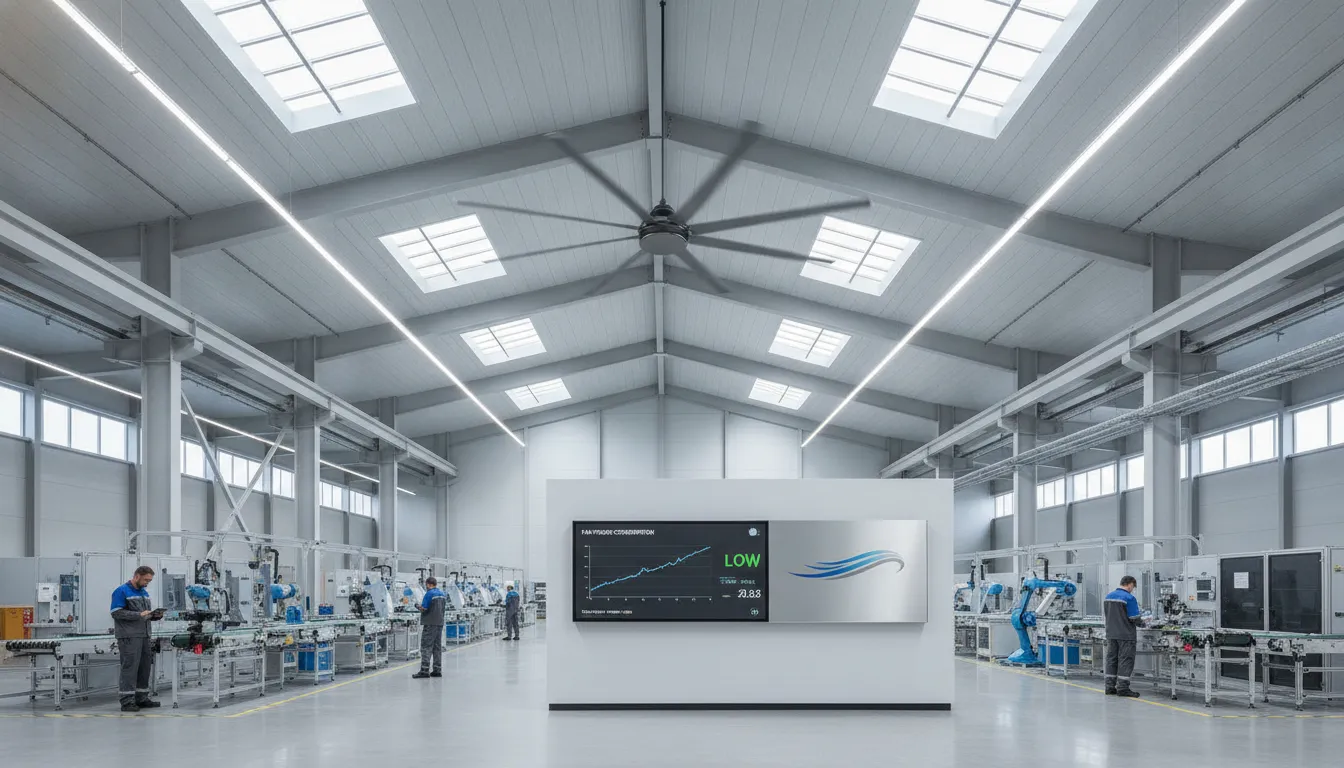 Ventilador HVLS MegaVent em fábrica moderna, com painel exibindo baixa eficiência energética e conforto.