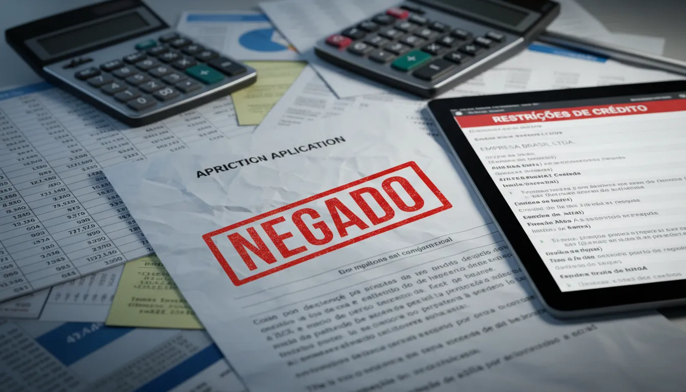 Pedido de crédito empresarial negado, com documentos e alerta de restrição financeira.