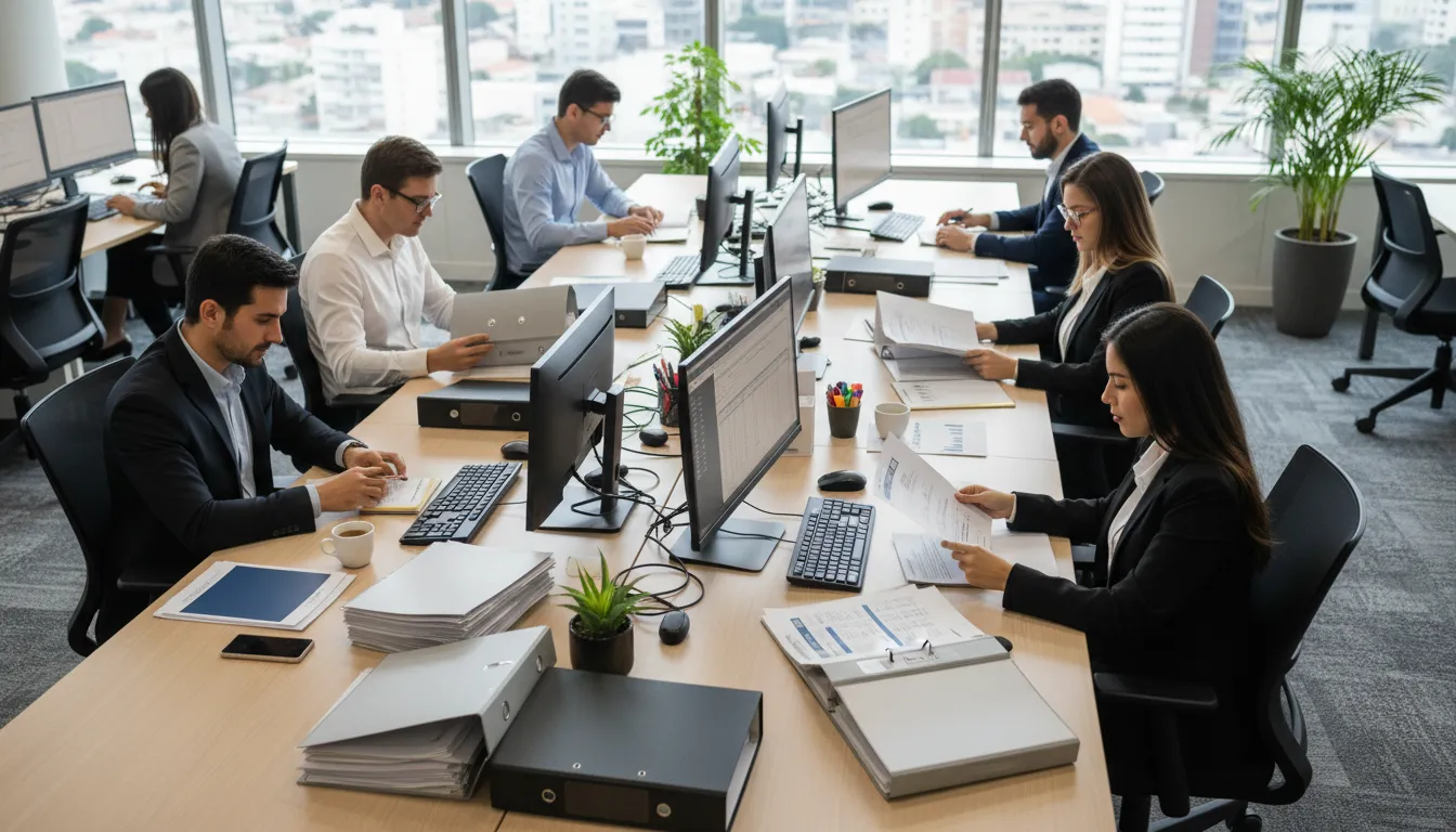 Equipe administrativa revisando benefícios trabalhistas e impostos em um escritório moderno