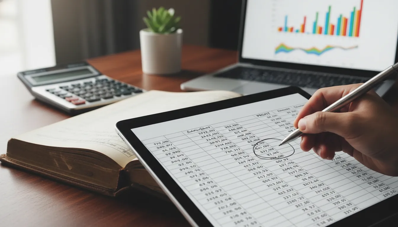 Mão revisa meticulosamente um livro-razão ou planilha digital, otimizando o fluxo de caixa para finanças saudáveis.