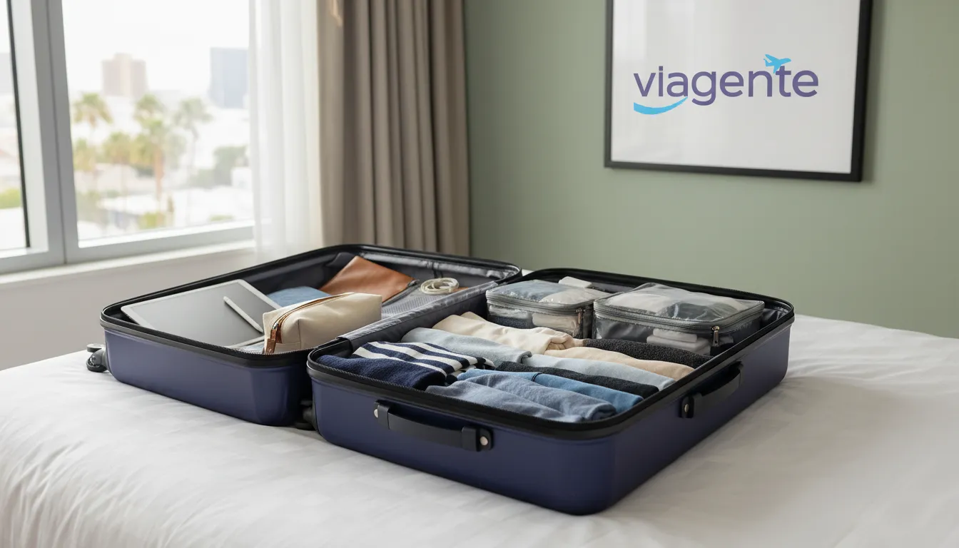 Visualização de uma mala de viagem estilosa e organizada, aberta sobre uma cama em um quarto de hotel iluminado.