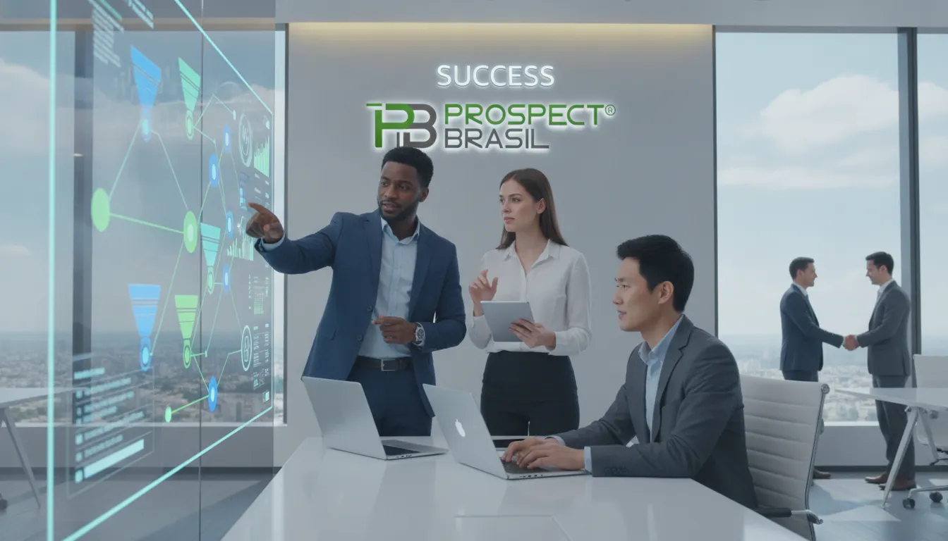 Time de vendas analisando dados de prospecção em tela interativa para fechar um deal. Prospect Brasil.