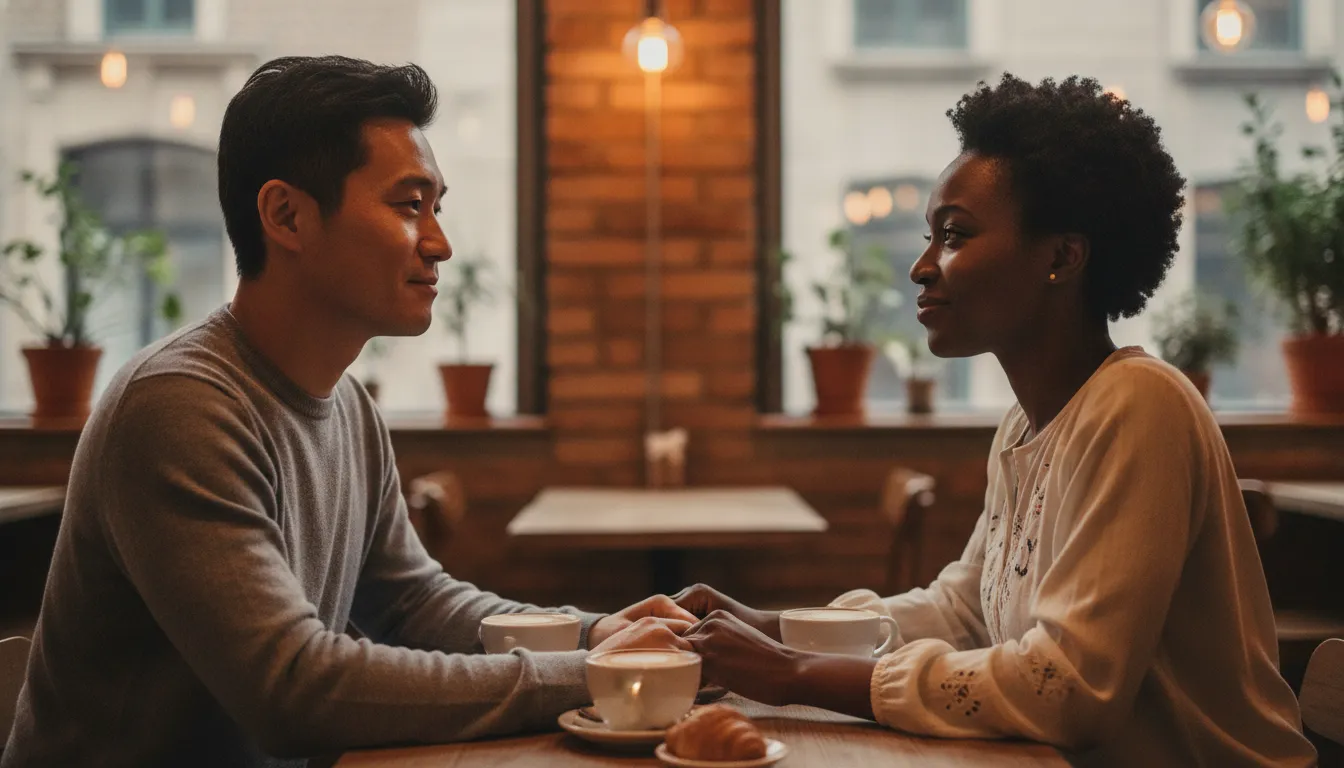 Casal de mãos dadas em café, expressando carinho e um relacionamento saudável. Conexão emocional.