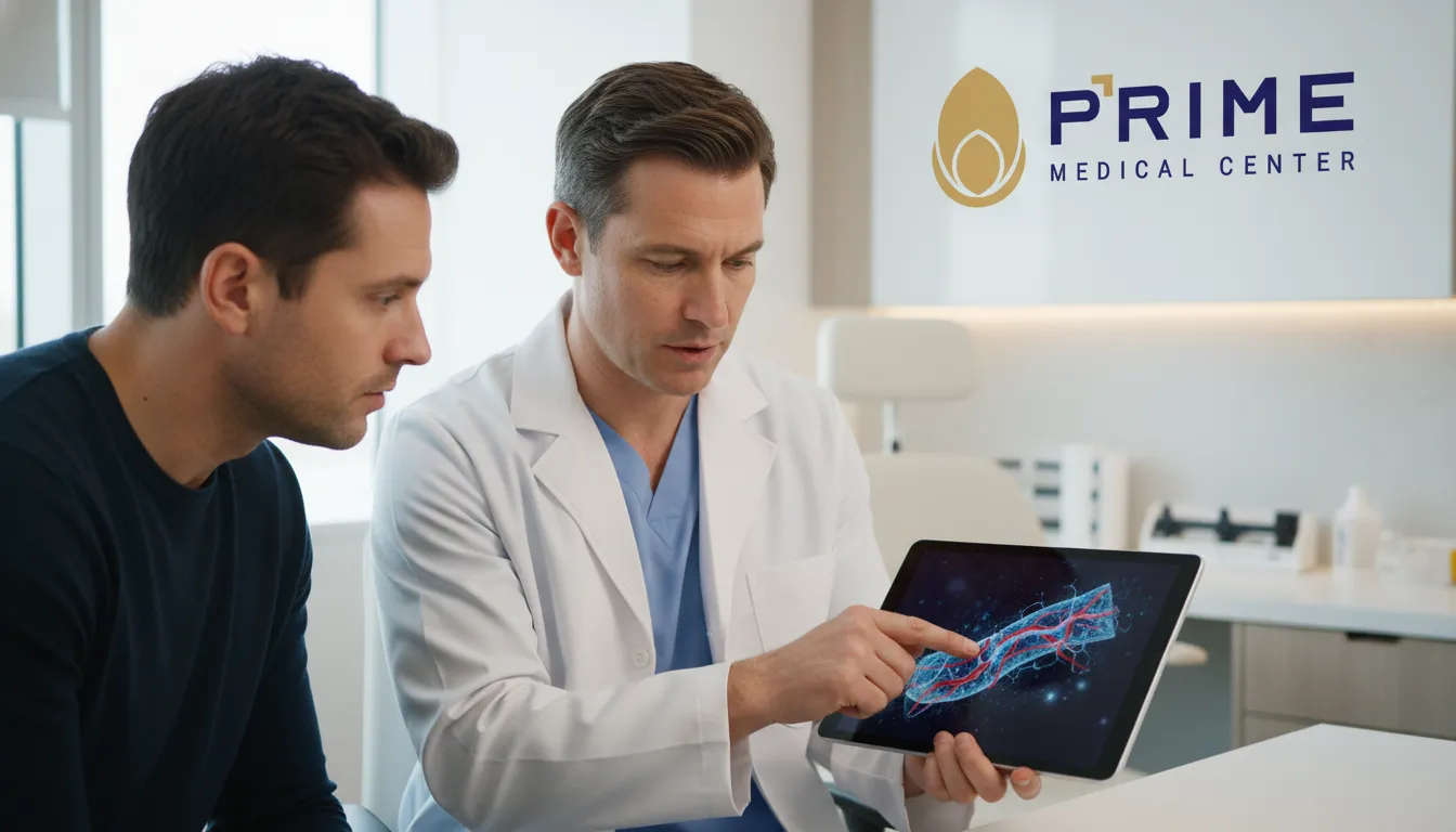 Médico explicando as causas e riscos do priapismo a um paciente com auxílio de um diagrama em tablet.