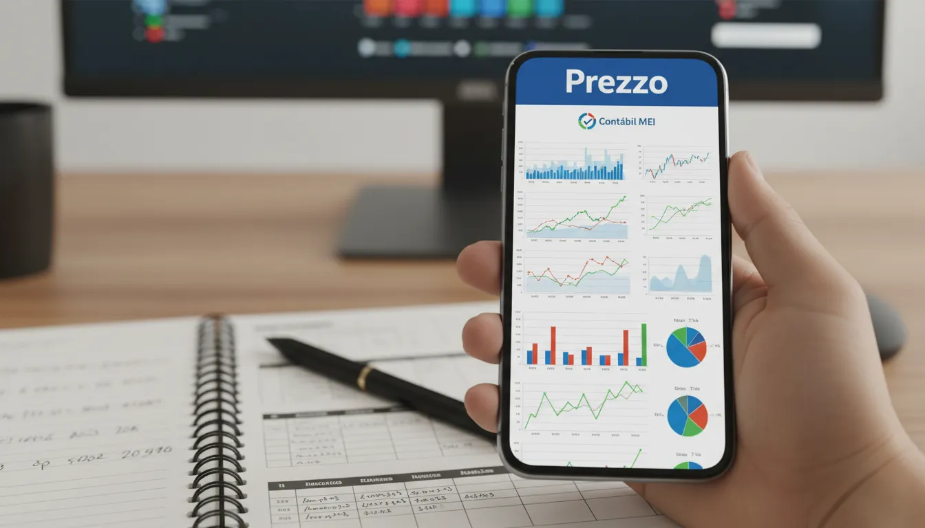 Celular mostrando gráficos financeiros e dados empresariais, representando a contabilidade para MEI da Prezzo Contábil e a facilidade de abrir cnpj mei.