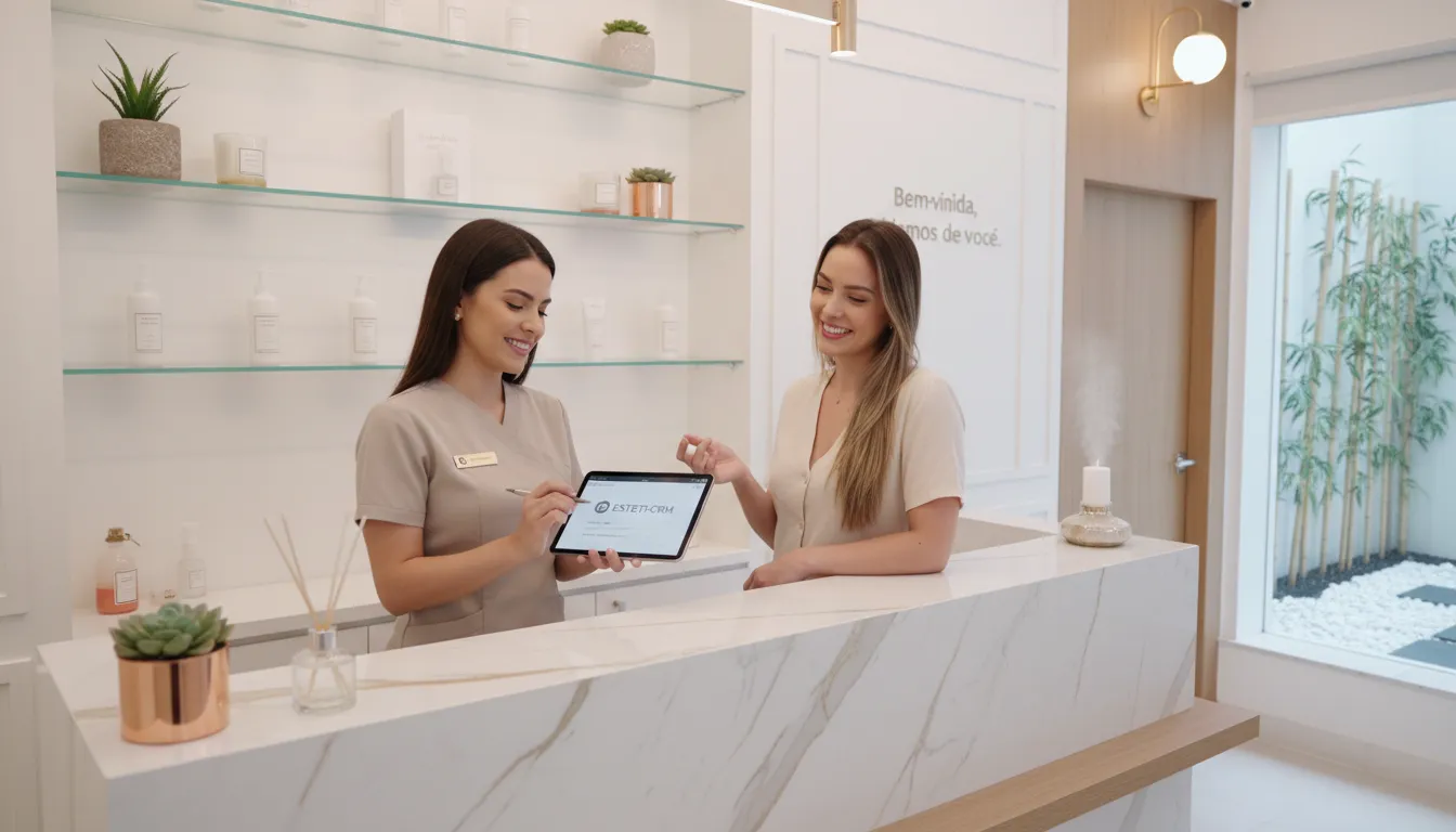 Recepcionista de clínica de estética usando CRM para atendimento personalizado de cliente
