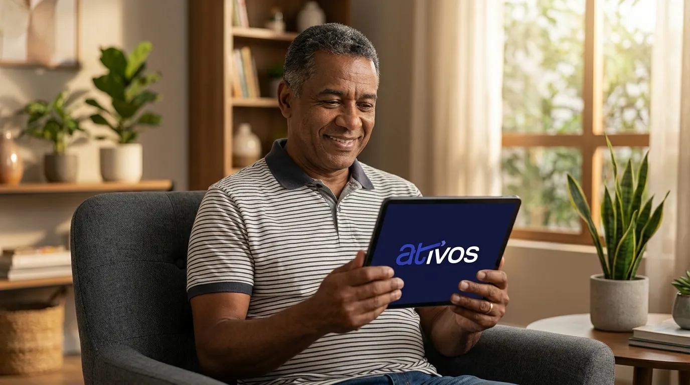 Homem feliz ao receber a antecipação de seu precatório TJAP na sala de casa.