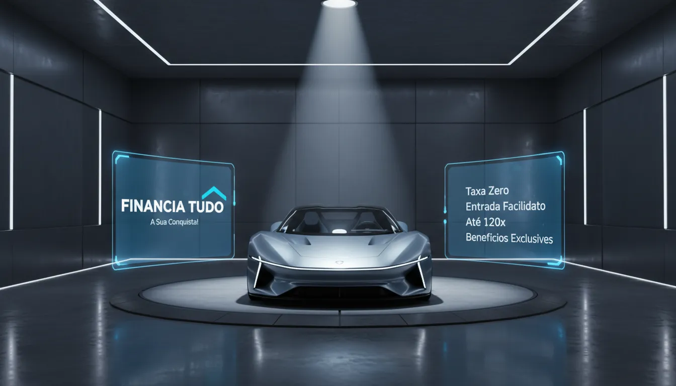 Carro moderno em destaque, com informações holográficas sobre as vantagens do financiamento pela Financia Tudo, reforçando que consórcio de carro vale a pena.