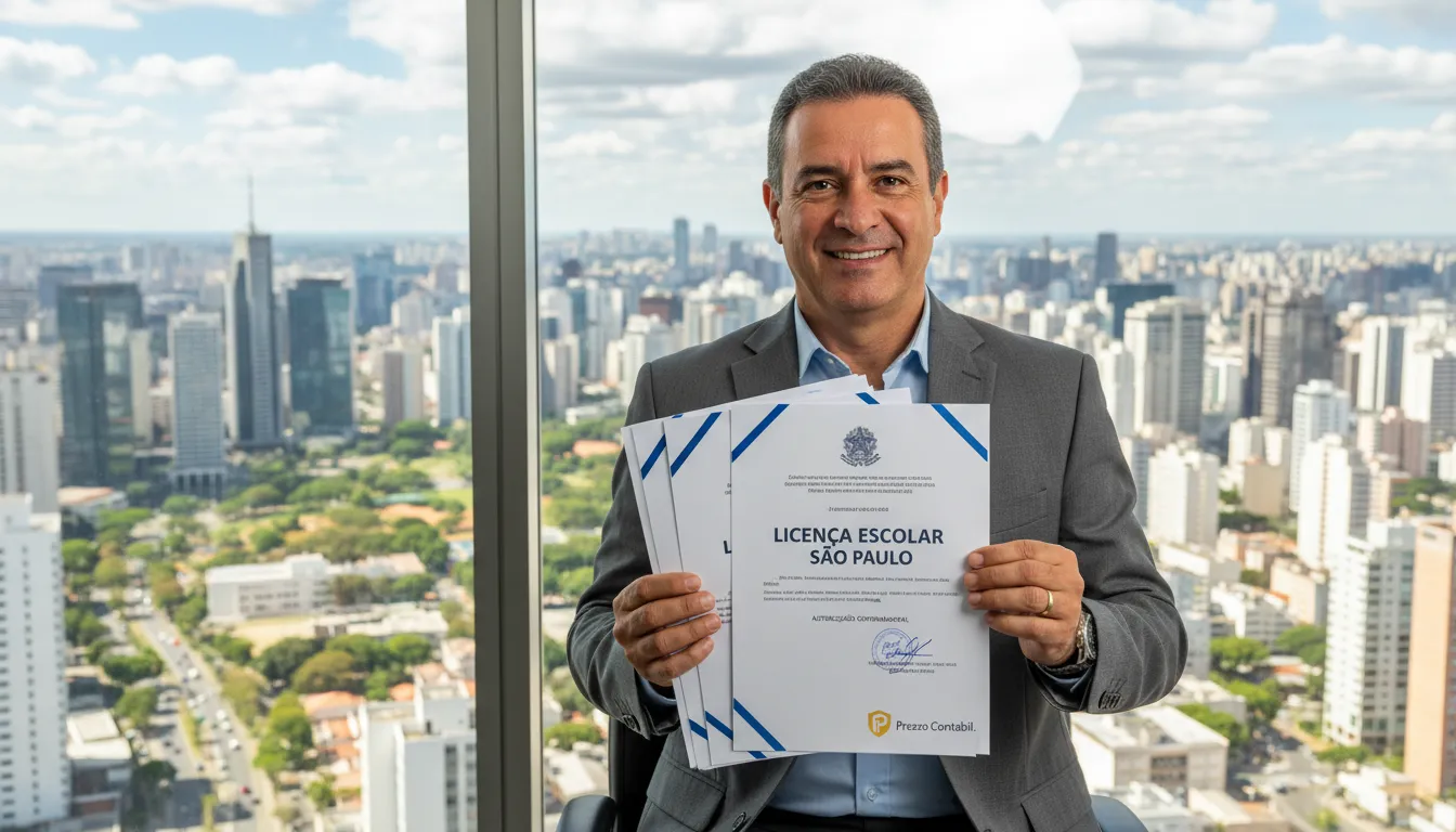 Empresário sorrindo, segurando documentos de licenciamento escolar em São Paulo. Saiba como abrir uma Escola de São Paulo com a assessoria da Prezzo Contábil.