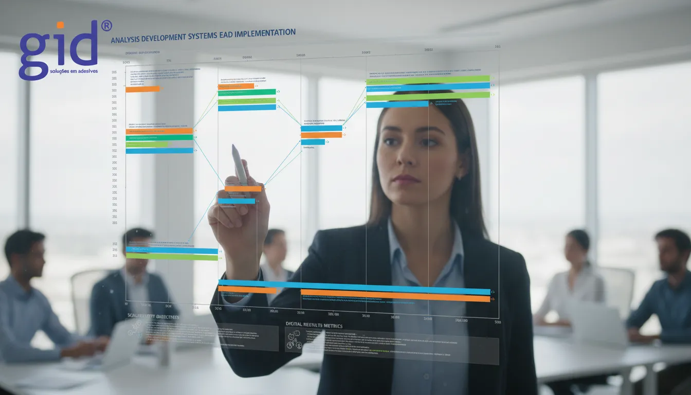Gerente de projeto demonstrando cronograma de análise desenvolvimento sistemas ead para soluções escaláveis de adesivos da GID em display interativo.