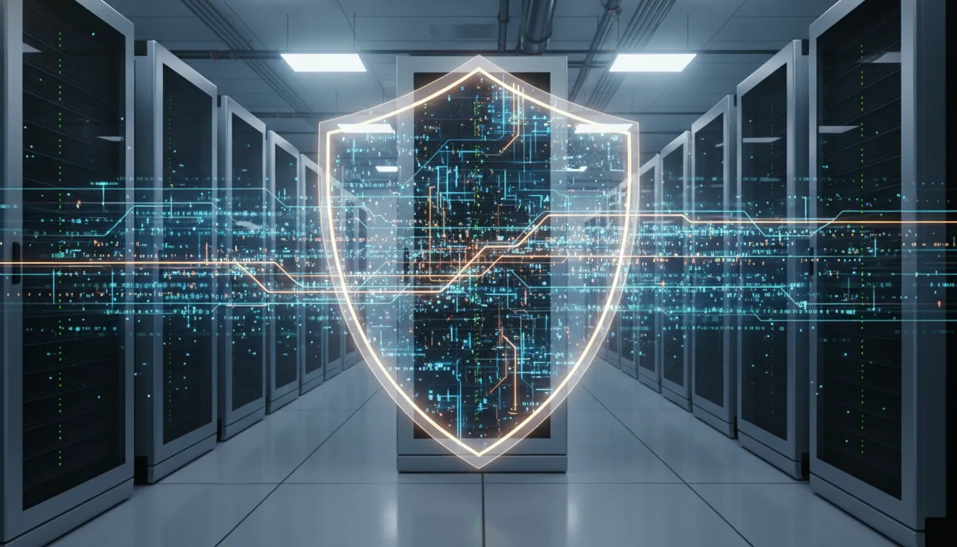 Um escudo digital brilhante protege servidores em um datacenter, garantindo a conformidade e integridade dos dados contra ameaças.