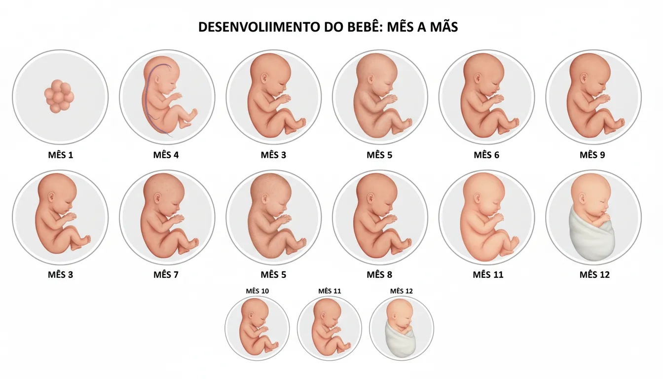 Quadro ilustrativo mostra o desenvolvimento do bebê na barriga mês a mês durante a gravidez.