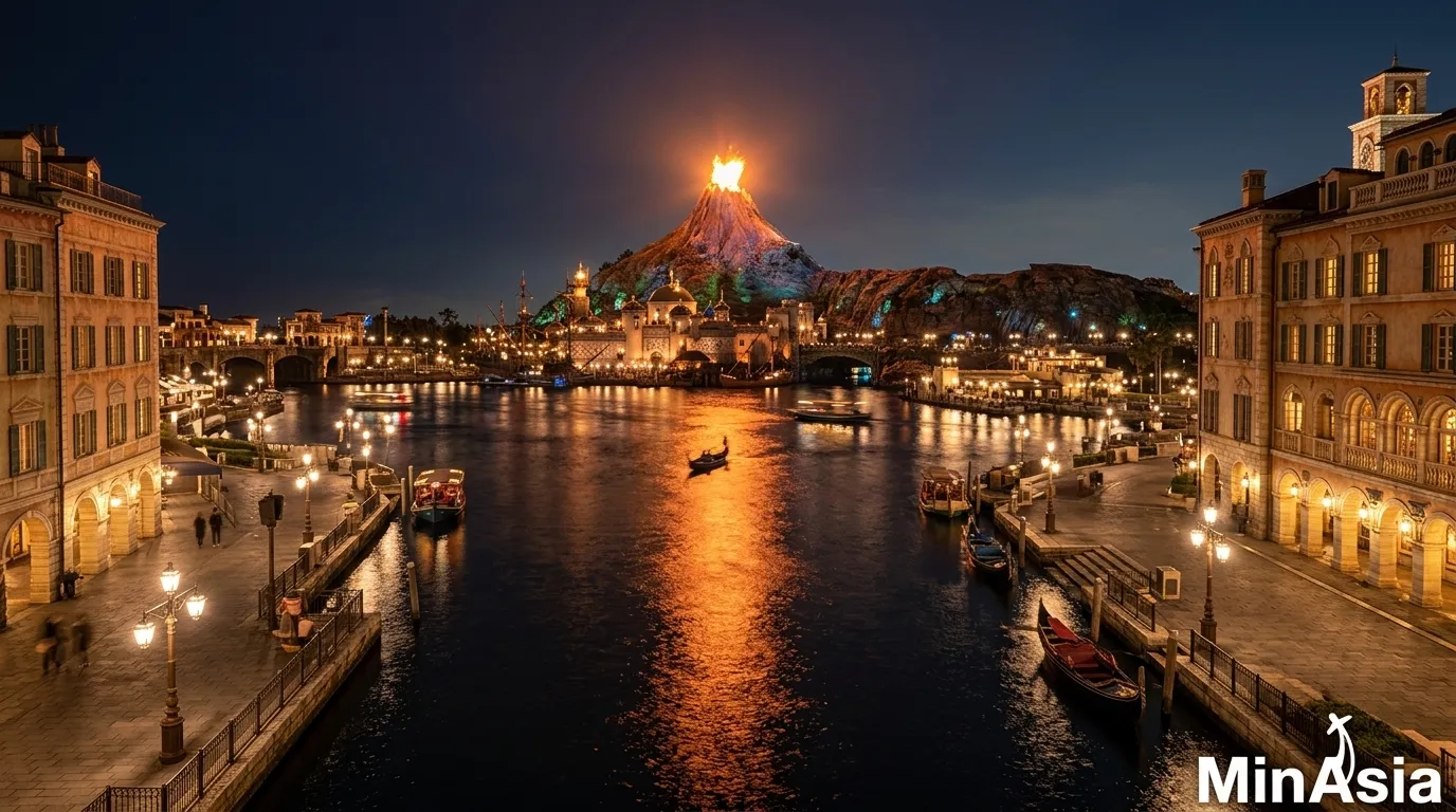 Vista noturna iluminada do vulcão e canais no parque Disney Tóquio refletidos na água.