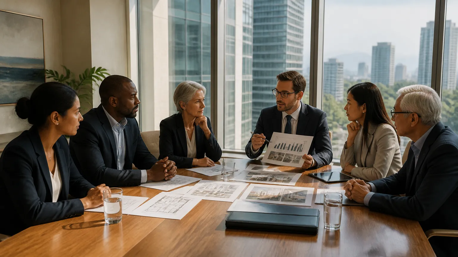 Reunião de diretoria planejando empréstimo para condomínio comercial empresarial.
