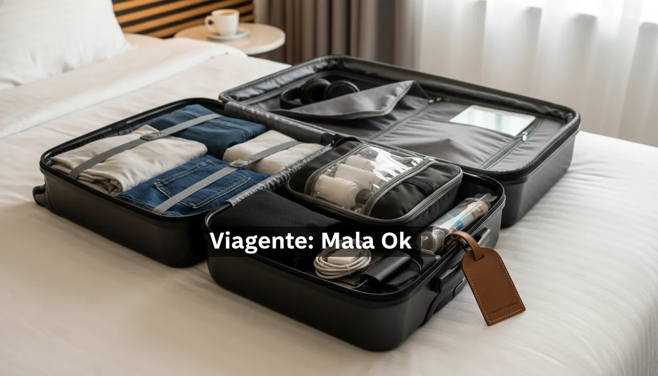 Uma mala de bagagem de mão organizada, aberta em uma cama de hotel, destacando a facilidade de arrumação e a praticidade para viagens com a Viagente.