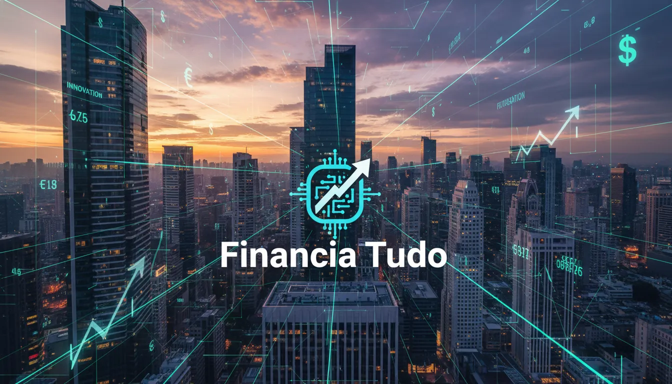 Paisagem urbana com sobreposições digitais representando estratégias para afiliados de crédito e a conectividade que a Financia Tudo oferece no mercado financeiro.