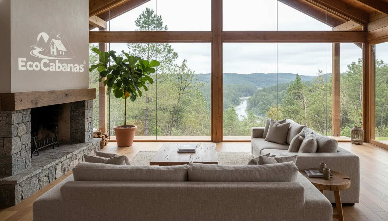 Sala de estar aconchegante em casa de campo, com grandes janelas e vista para a natureza do condomínio rural.