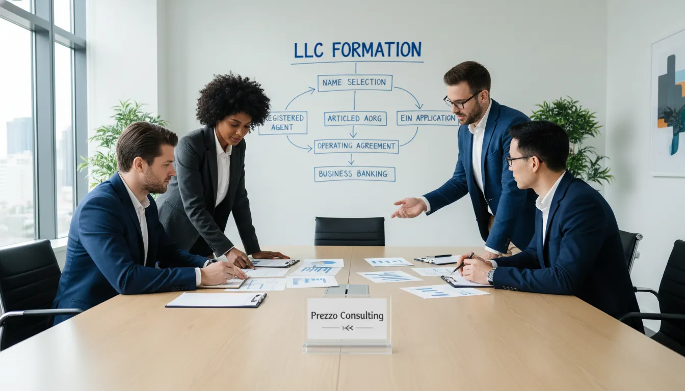 Collaborative office scene depicting entrepreneurs discussing strategies for opening a LLC in Florida with Prezzo Consulting.
