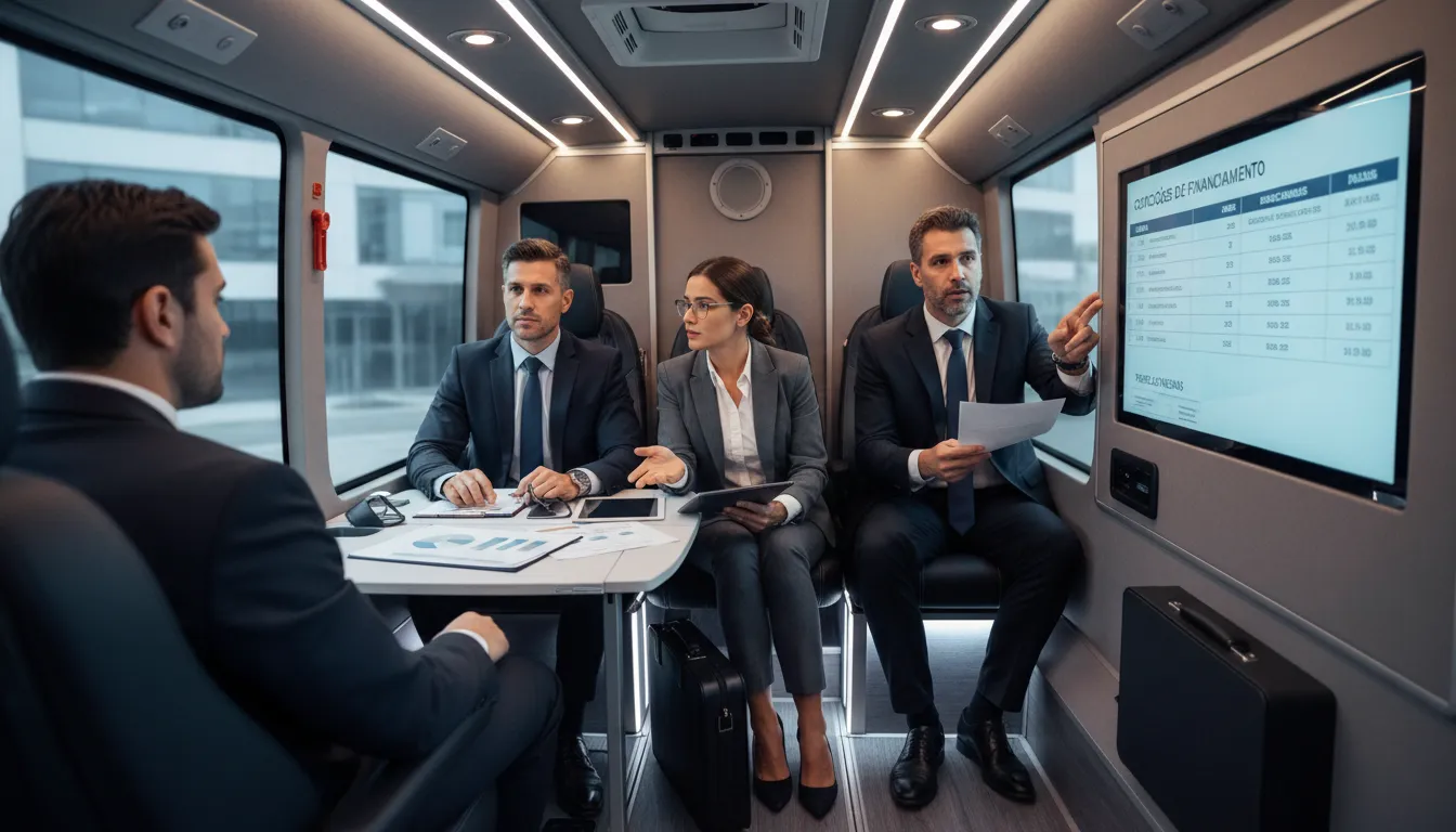 Micro-ônibus novo, motorista e empresários conversando sobre financiamento com consultor.