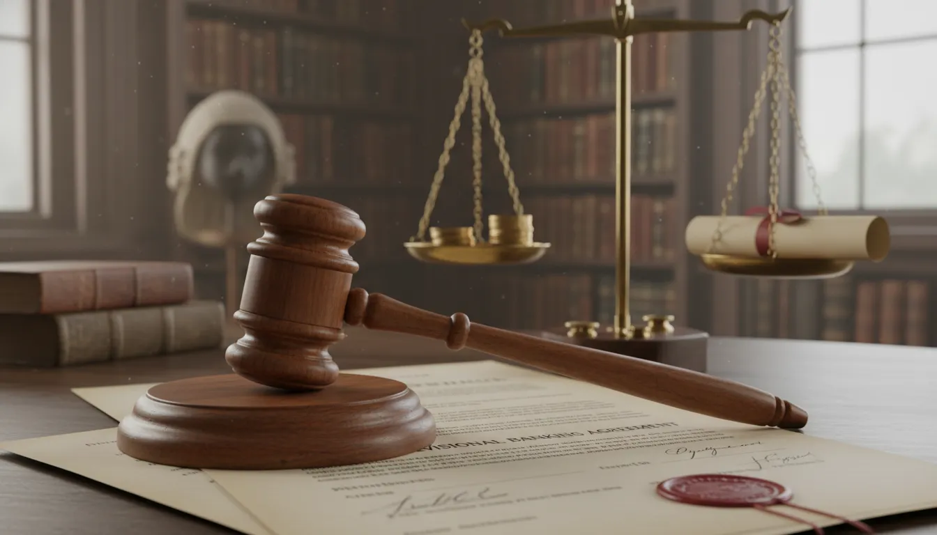 Símbolos de justiça e documentos contratuais, representando segurança e decisão em ação revisional bancária.